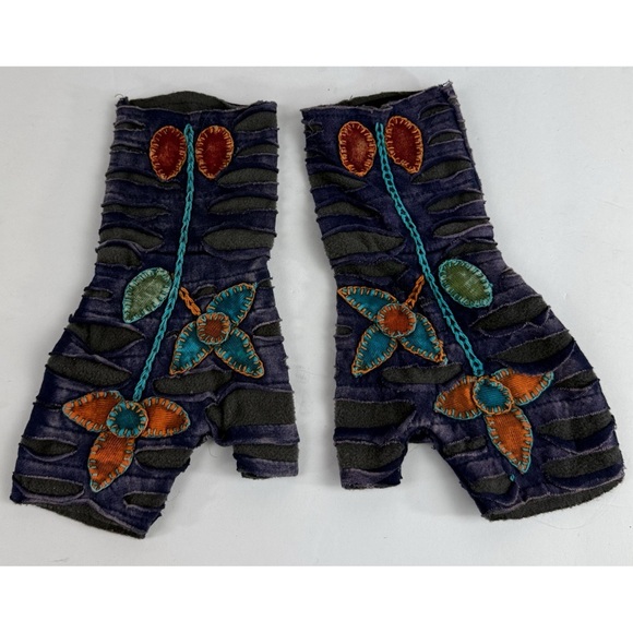 Source Unknown Accessories - Boho Embroidered Fingerless Gloves Colorful with Floral Design 100% Cotton